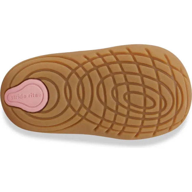 Sole of Stride Rite Kids Shoes Martin Boot in pink with two velcro straps and tan sole