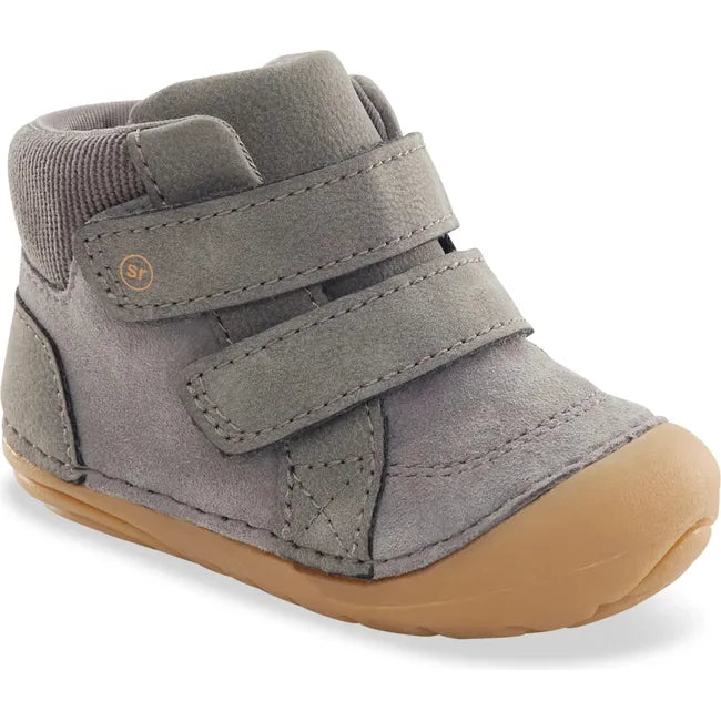 Front angled view of Stride Rite Kids Shoes Martin Boot in grey with two velcro straps and tan sole