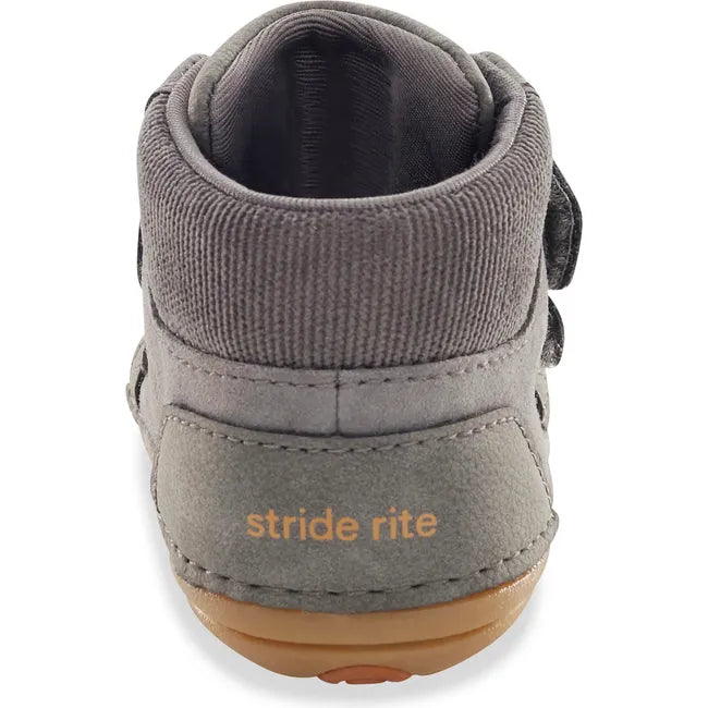 Heel of Stride Rite Kids Shoes Martin Boot in grey with two velcro straps and tan sole