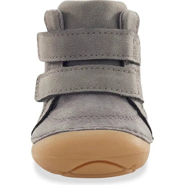 Front of Stride Rite Kids Shoes Martin Boot in grey with two velcro straps and tan sole