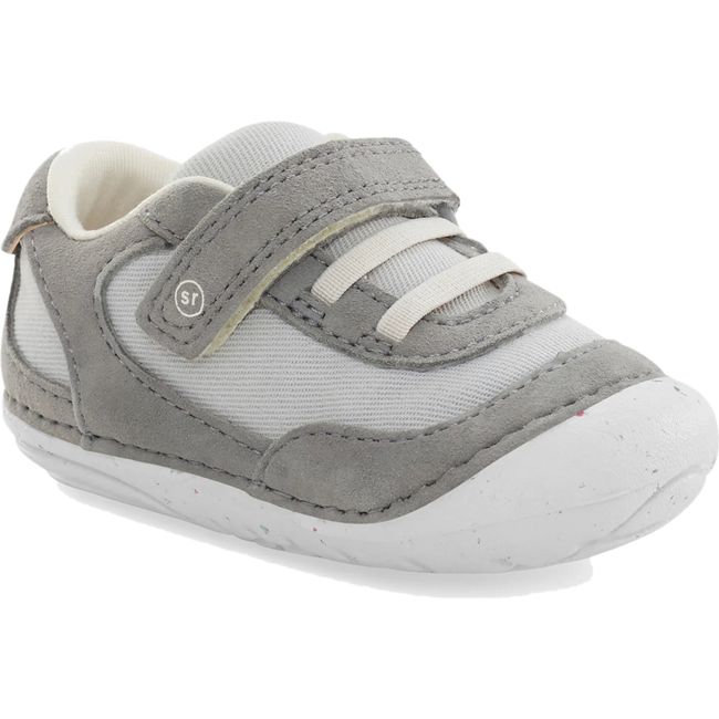 Front angled view of Infant Stride Rite Kids' Sprout Sneaker in Light Grey with velcro strap