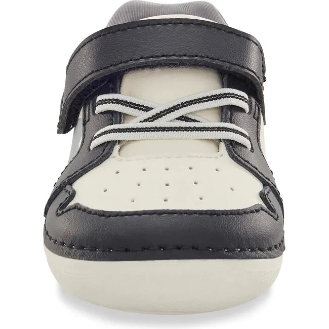 Front of Kids Stride Rite Waverly Sneaker in black and white with velcro strap