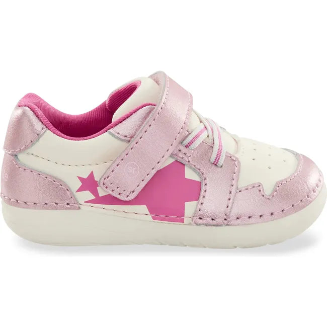 Lateral side of Kids Stride Rite Waverly Sneaker in pink shimmer and white with velcro strap