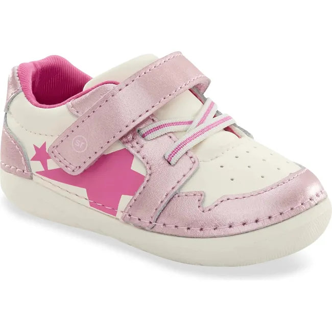 Front angled view of Kids Stride Rite Waverly Sneaker in pink shimmer and white with velcro strap