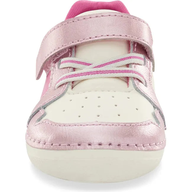 Front of Kids Stride Rite Waverly Sneaker in pink shimmer and white with velcro strap