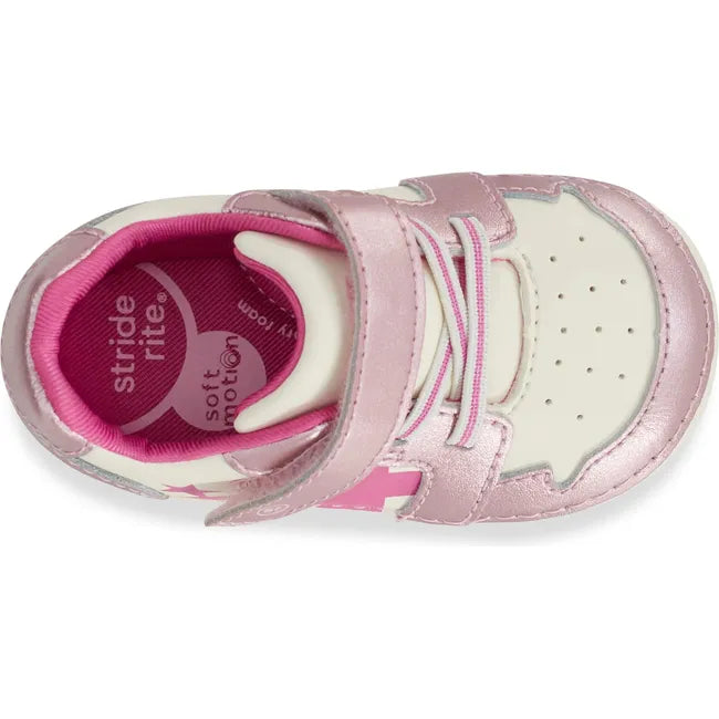 Top down view of Kids Stride Rite Waverly Sneaker in pink shimmer and white with velcro strap