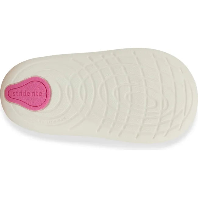 Sole of Kids Stride Rite Waverly Sneaker in pink shimmer and white upper with white outsole