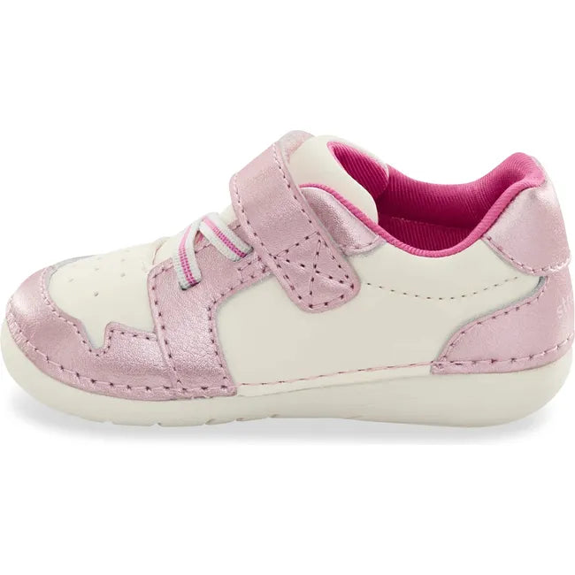 Medial side of Kids Stride Rite Waverly Sneaker in pink shimmer and white with velcro strap
