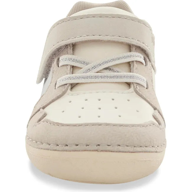 Front of Kids Stride Rite Waverly Sneaker in ecru beige and white with velcro strap