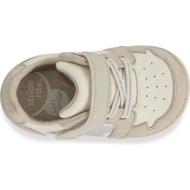 Top down view of Kids Stride Rite Waverly Sneaker in ecru beige and white with velcro strap