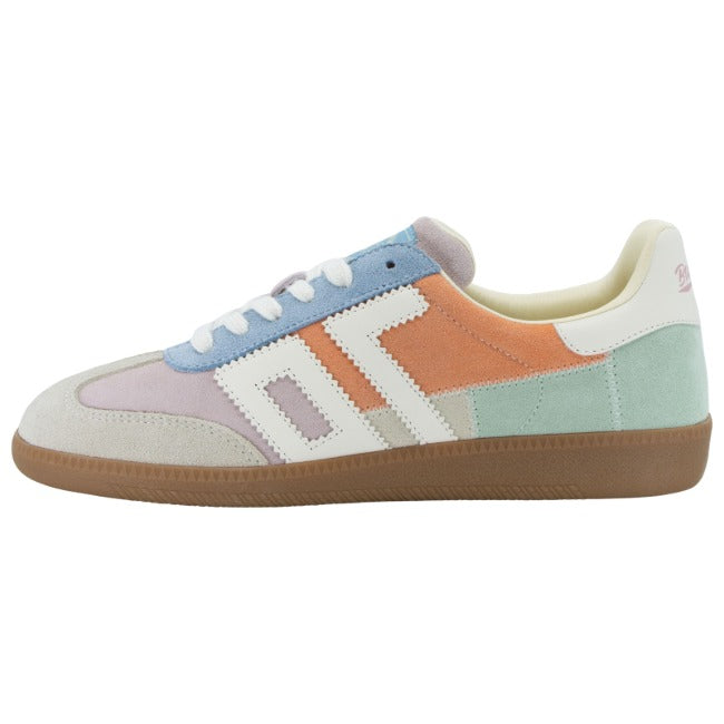 Medial side of Back 70 Squid women's retro sneaker in Nude Sage pastel patchwork.