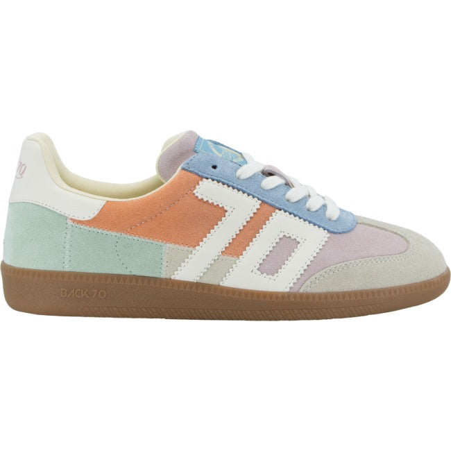 Lateral side of Back 70 Squid women's retro sneaker in Nude Sage pastel patchwork.