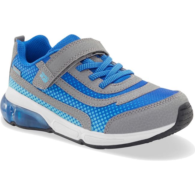 Front angled view of Kids' Stride Rite Surge Bounce Light Up Sneaker in grey and blue with velcro