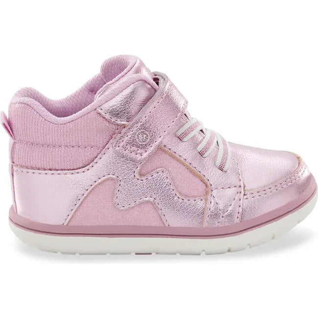 Lateral side of Kids Ames Stride Rite High Top Sneaker in pink with faux laces and velcro strap
