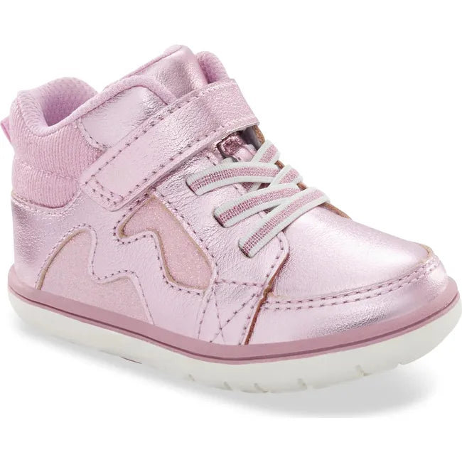 Front angled view of Kids Ames Stride Rite High Top Sneaker in pink. Faux laces and velcro strap

