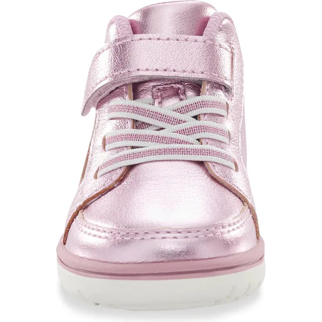 Front of Kids Ames Stride Rite High Top Sneaker in pink with faux laces and velcro strap
