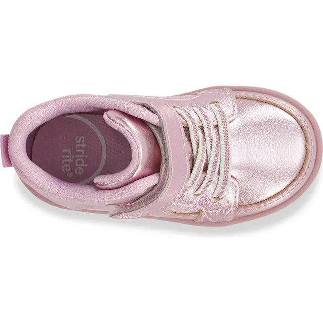 Top down view of Kids Ames Stride Rite High Top Sneaker in pink with faux laces and velcro strap
