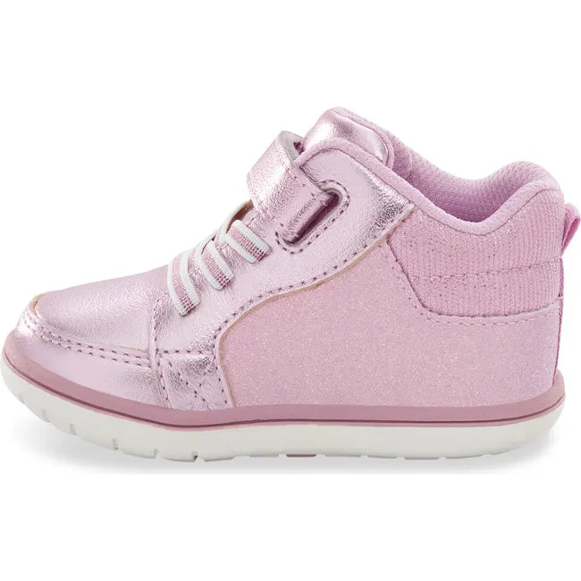 Medial side of Kids Ames Stride Rite High Top Sneaker in pink with faux laces and velcro strap
