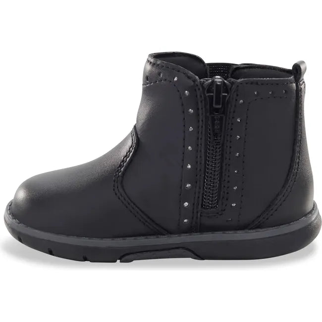 Medial side of Kids Stride Rite Lena Boot in black leather with side zipper