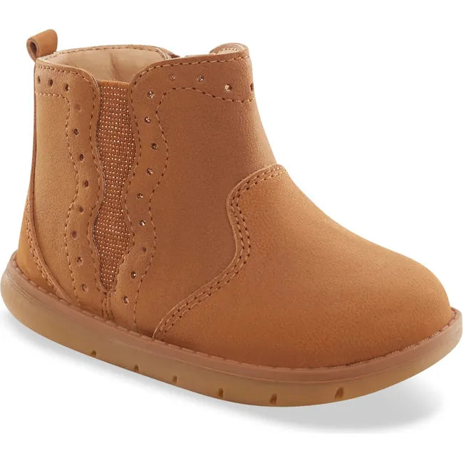 Front angled view of Stride Rite Shoes Kids Lena Ankle Boot in hazel brown leather