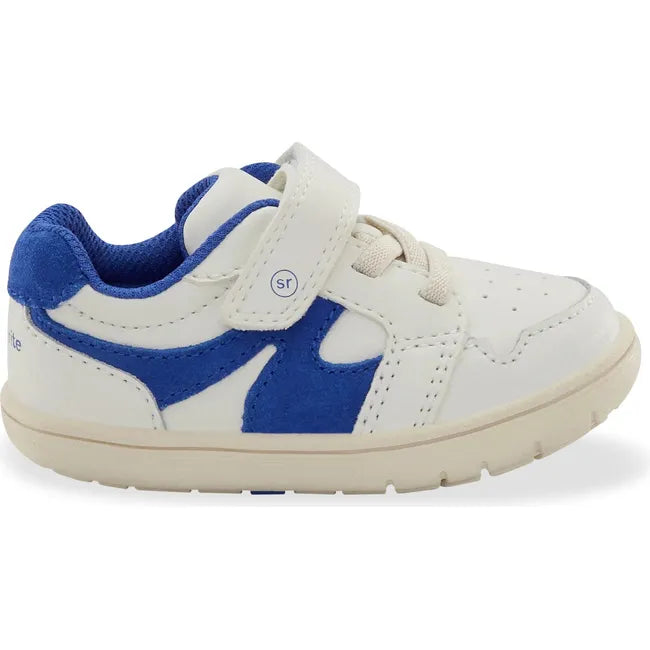 Lateral side of of Little Kids' Stride Rite London Sneaker in White and Blue with velcro strap