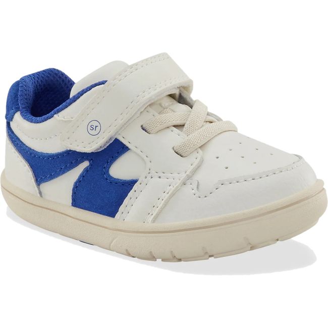 Front angled view of Little Kids' Stride Rite London Sneaker in White and Blue with velcro strap