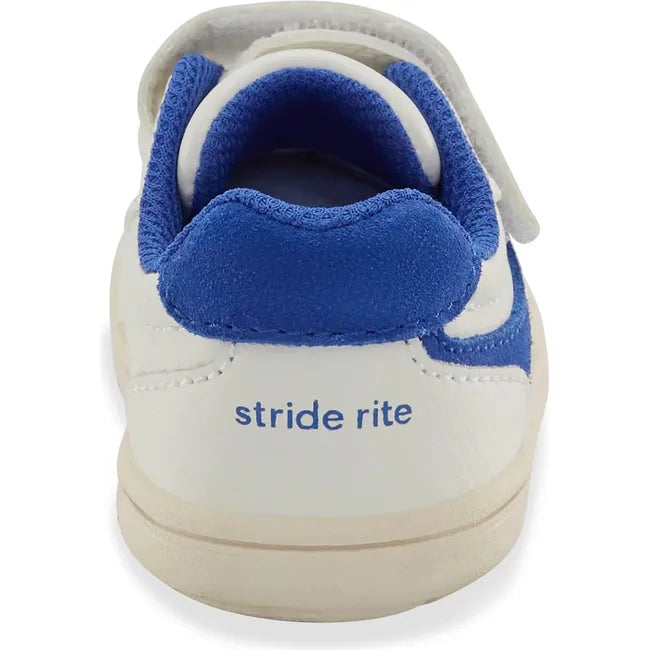 Heel of Little Kids' Stride Rite London Sneaker in White and Blue with velcro strap