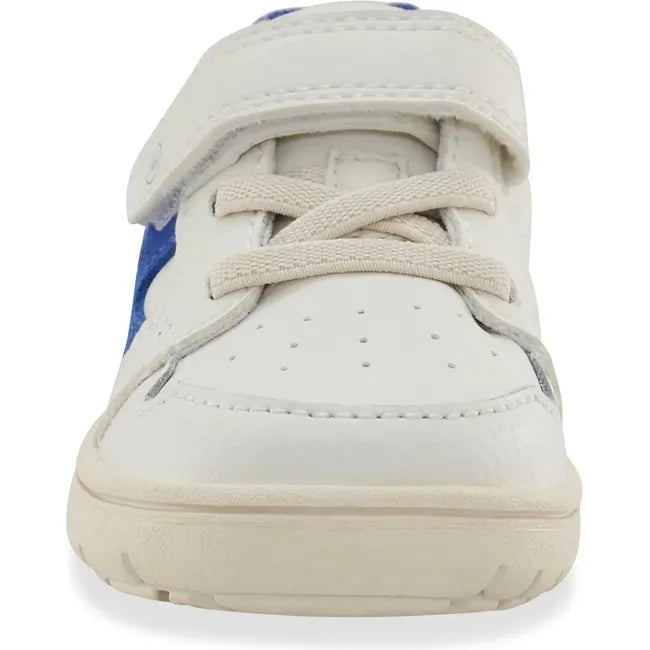 Front of Little Kids' Stride Rite London Sneaker in White and Blue with velcro strap