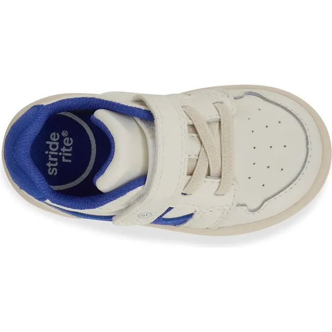 Upper of Little Kids' Stride Rite London Sneaker in White and Blue with velcro strap