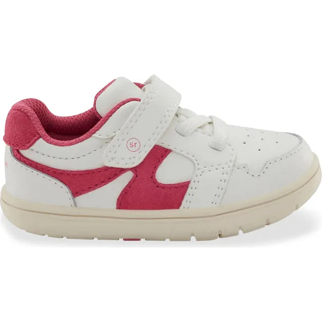Lateral side of of Little Kids' Stride Rite London Sneaker in White and Pink with velcro strap