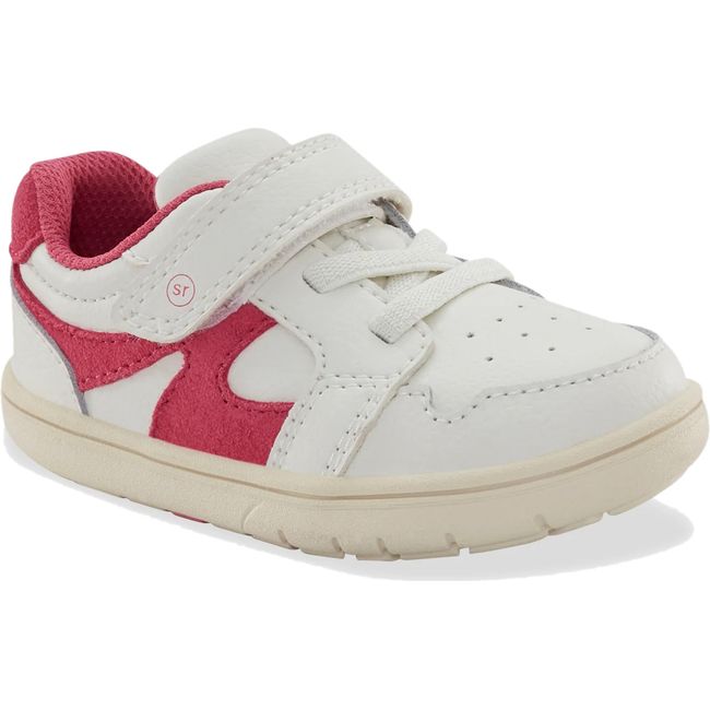 Front angled view of Little Kids' Stride Rite London Sneaker in White and Pink with velcro strap