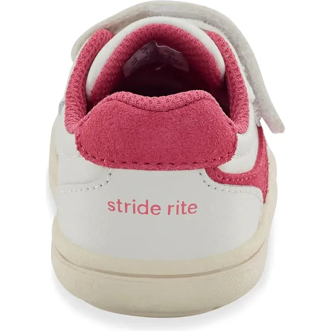 Heel of Little Kids' Stride Rite London Sneaker in White and Pink with velcro strap