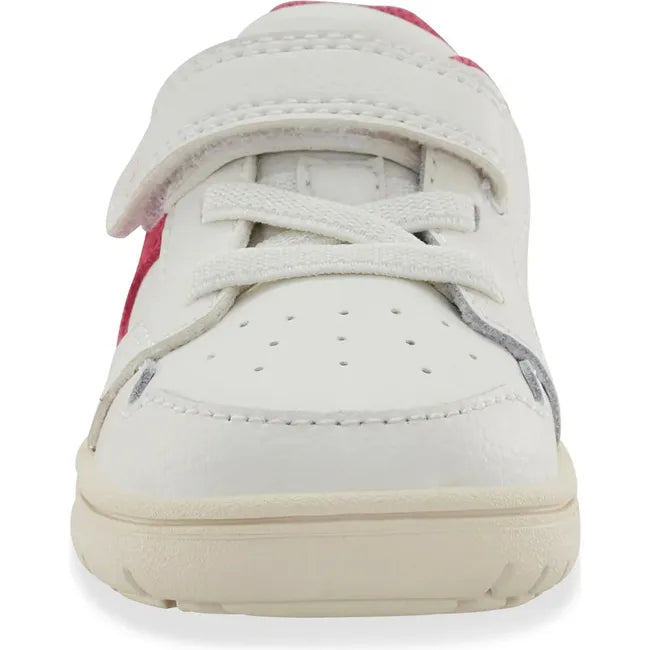 Front of Little Kids' Stride Rite London Sneaker in White and Pink with velcro strap