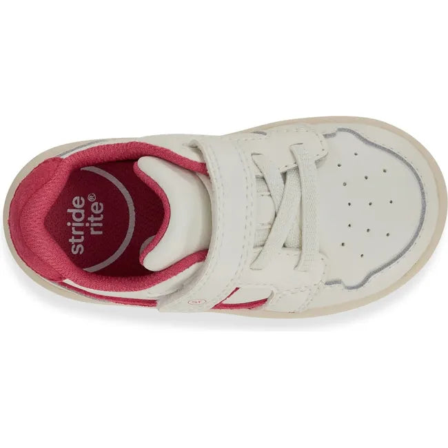 Upper of Little Kids' Stride Rite London Sneaker in White and Pink with velcro strap
