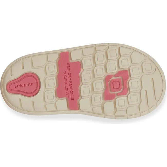 Sole of Little Kids' Stride Rite London Sneaker in White and Pink