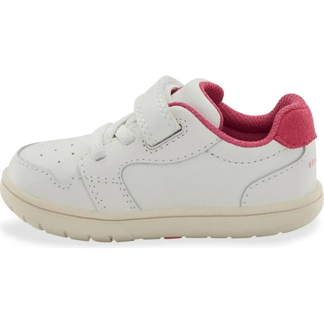 Medial side of Little Kids' Stride Rite London Sneaker in White and Pink with velcro strap