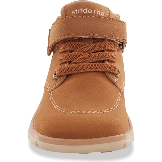 Front of Stride Rite Baby Boot Quinn in hazel tan leather with a velcro strap and faux laces