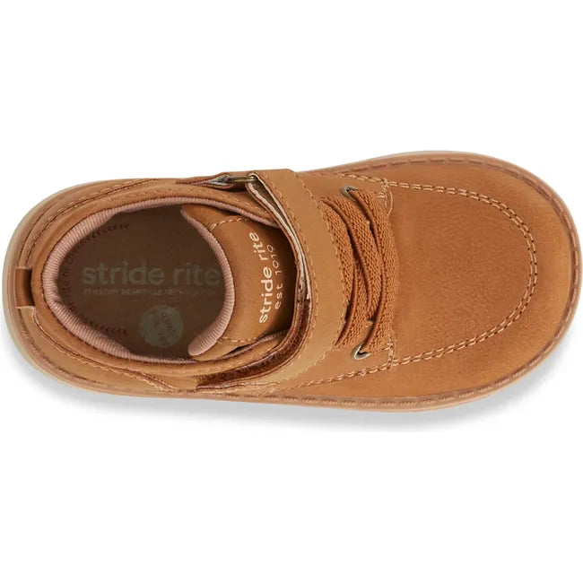 Top of Stride Rite Baby Boot Quinn in hazel tan leather with a velcro strap and faux laces