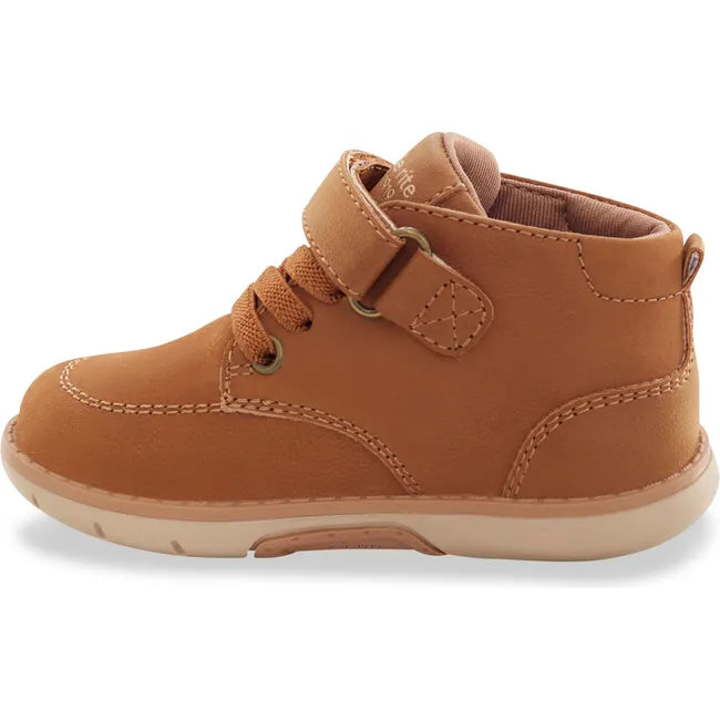 Medial side of Stride Rite Baby Boot Quinn in hazel tan leather with a velcro strap and faux laces