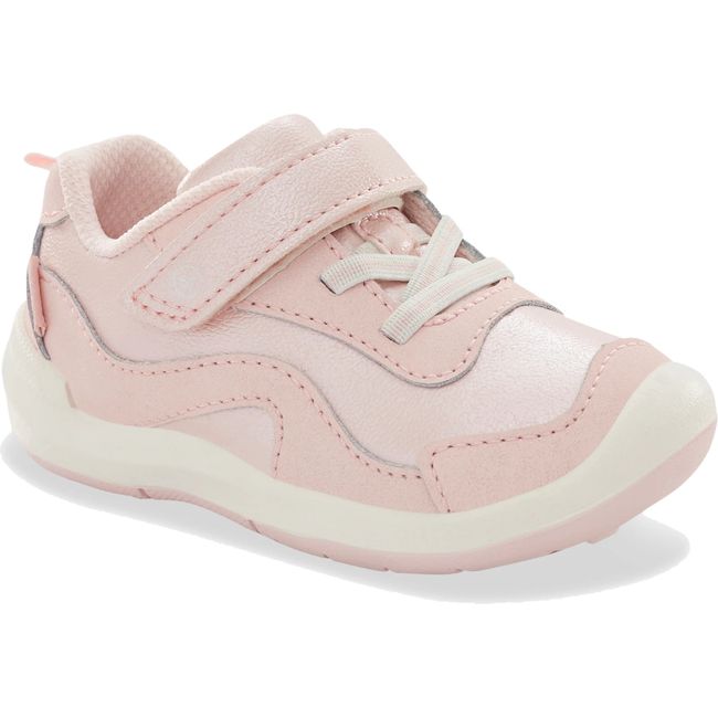 Front angled view of Little Kids' Stride Rite Kids' Winslow 2.0 Sneaker in Blush Pink with velcro