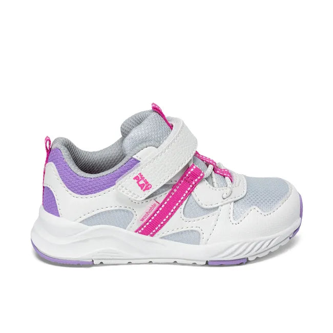 Lateral side of Stride Rite Toddler Player 2.0 Sneaker in white Mesh with velcro adjustable strap