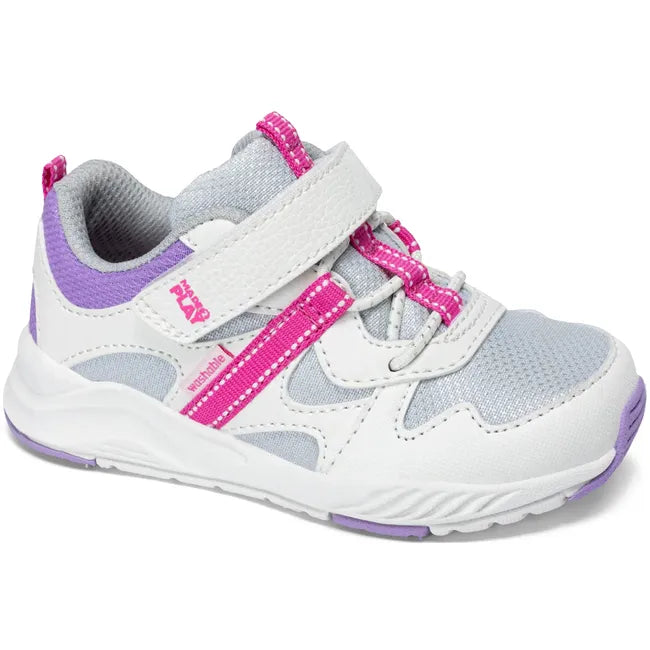 Angled view of Stride Rite Toddler Player 2.0 Sneaker in white mesh with velcro adjustable strap