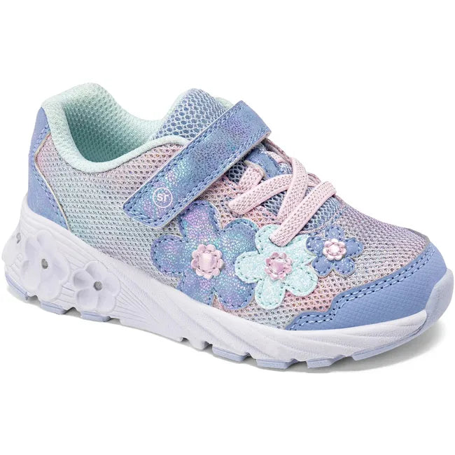 Angled view of Stride Rite Toddler Lighted Glimmer 2.0 Sneaker in Blue with velcro and Light Up