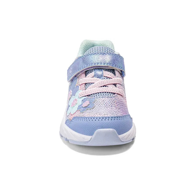 Front of Stride Rite Toddler Lighted Glimmer 2.0 Sneaker in Blue with velcro and Light Up
