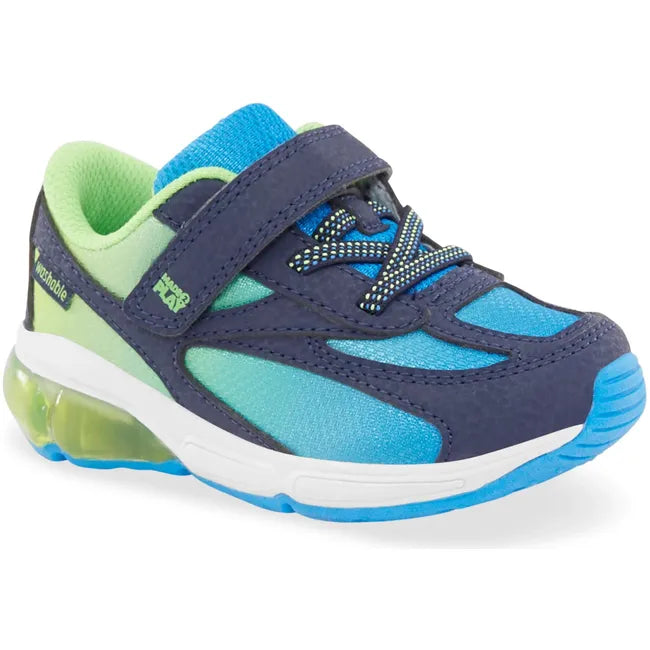 Angled view of Stride Rite Toddler Lighted Phantom Sneaker in Blue Green Light Up