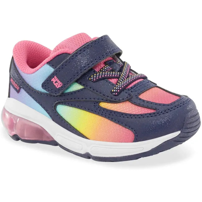 Angled view of Stride Rite Toddler Lighted Phantom Sneaker in Rainbow Light Up