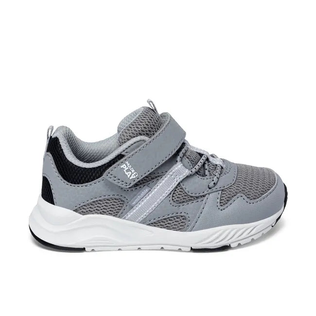 Lateral side of Stride Rite Toddler Player 2.0 Sneaker in Grey Mesh with velcro adjustable strap