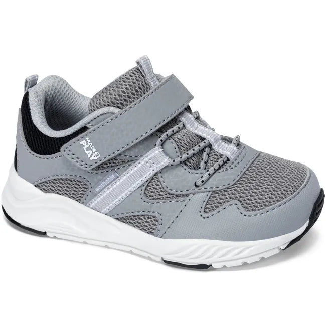 Angled view of Stride Rite Toddler Player 2.0 Sneaker in Grey Mesh with velcro adjustable strap