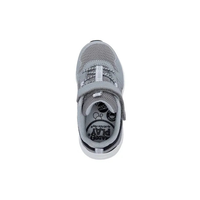 Upper of Stride Rite Toddler Player 2.0 Sneaker in Grey Mesh with velcro adjustable strap