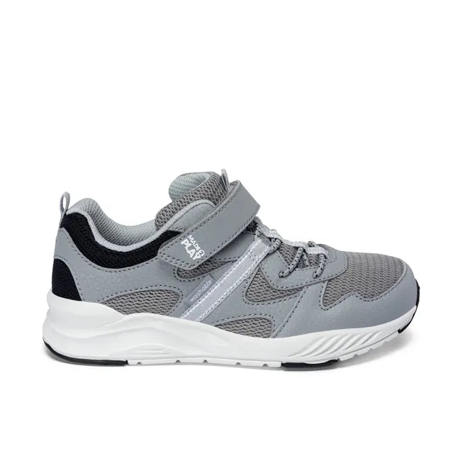 Lateral side of Stride Rite Kids’ Player 2.0 Sneaker in Grey Mesh with velcro adjustable strap